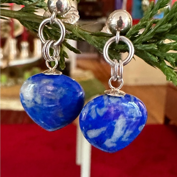 Heart-shaped Blue Sodalite Drop, Sterling Silver Ball Post, Dangle Earrings - Picture 1 of 4